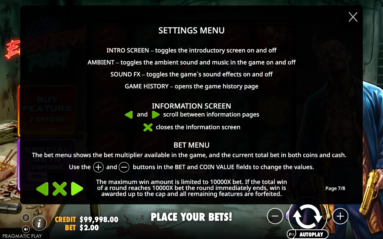 Settings menu — Eastern Fury