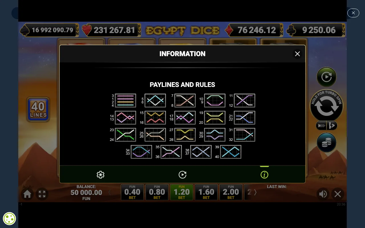 Paylines and rules — Egypt Dice
