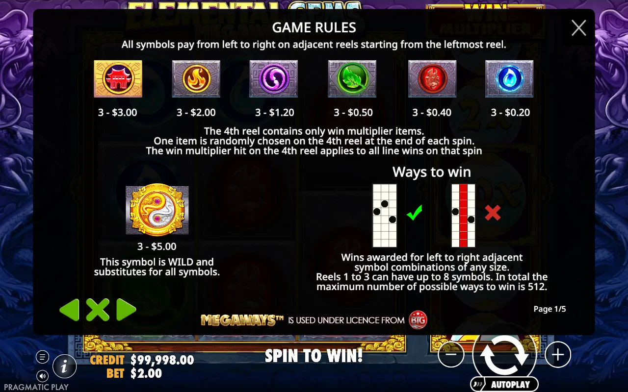 Game rules, page 1 — Elemental Gems Megaways