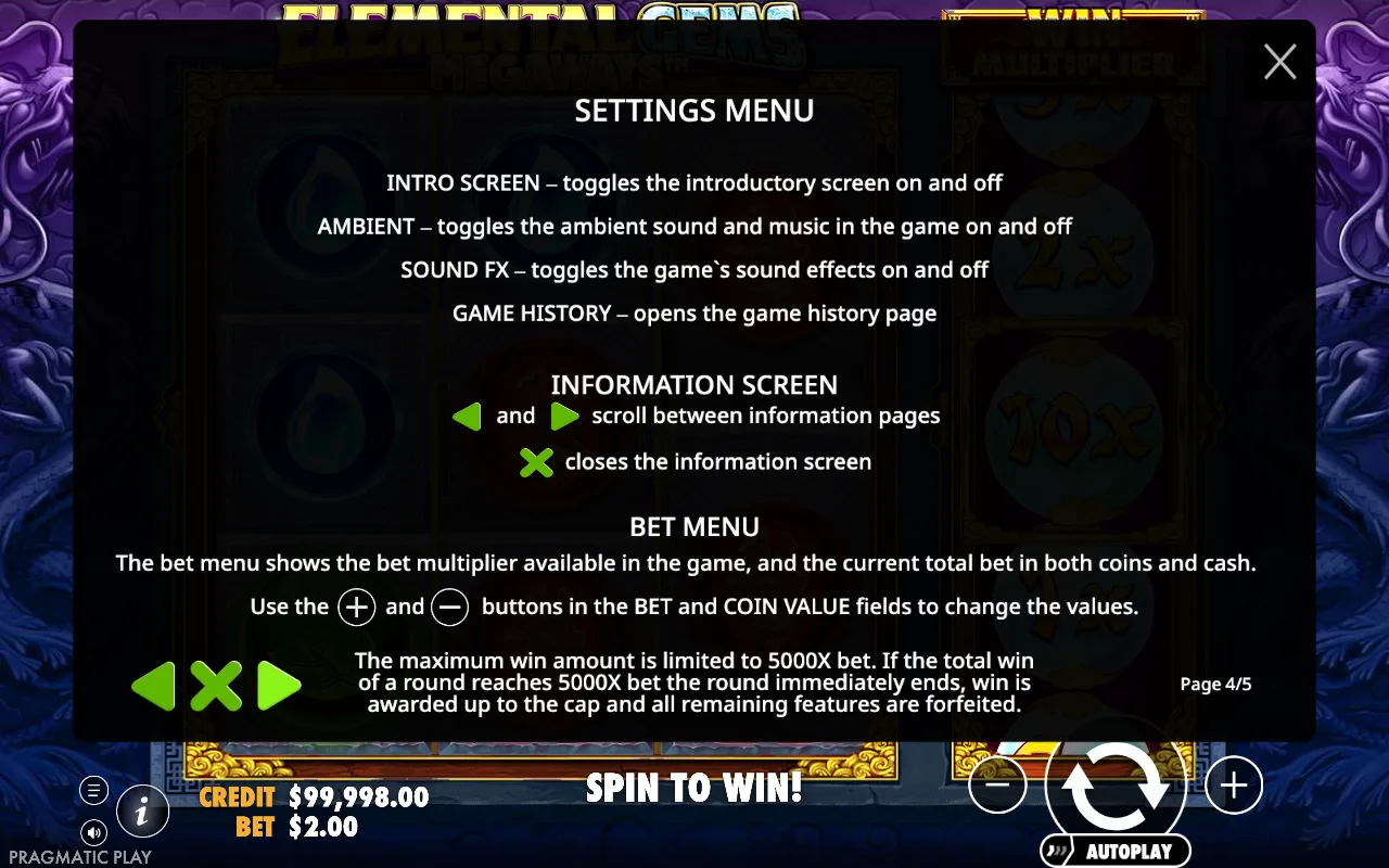 Settings menu — Elemental Gems Megaways