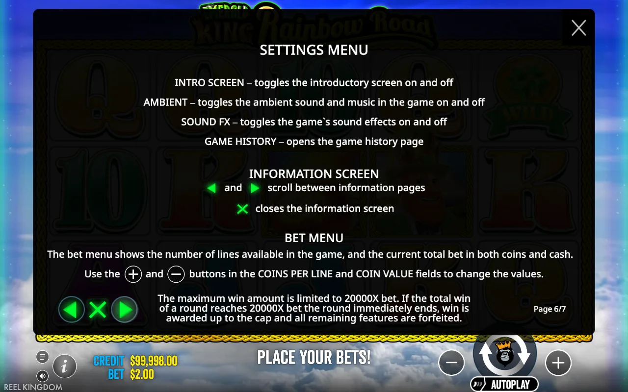Settings menu — Emerald King Rainbow Road