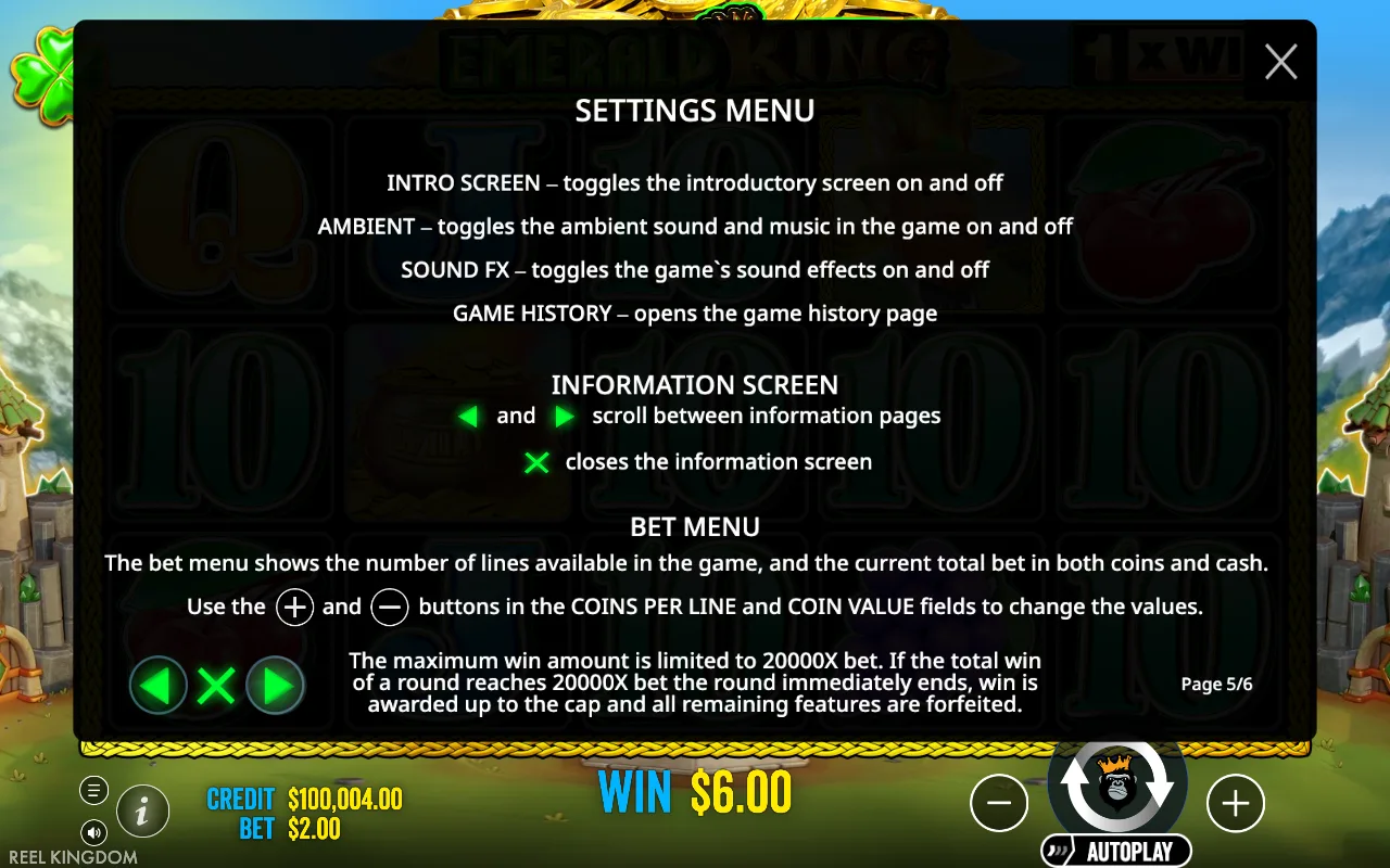 Settings menu — Emerald King
