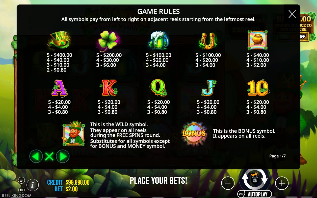 Game rules, page 1 — Emerald King Wheel of Wealth