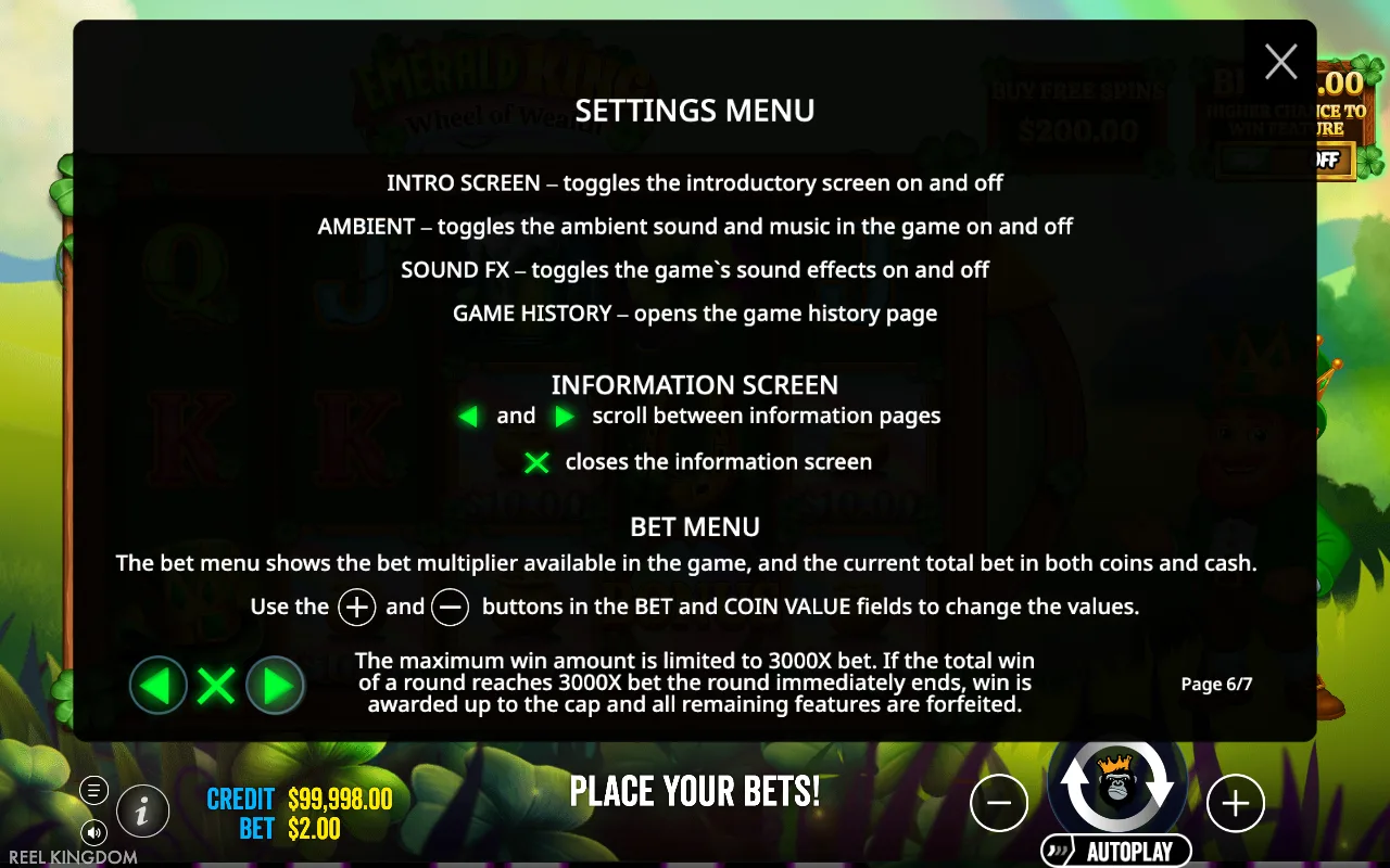 Settings menu — Emerald King Wheel of Wealth