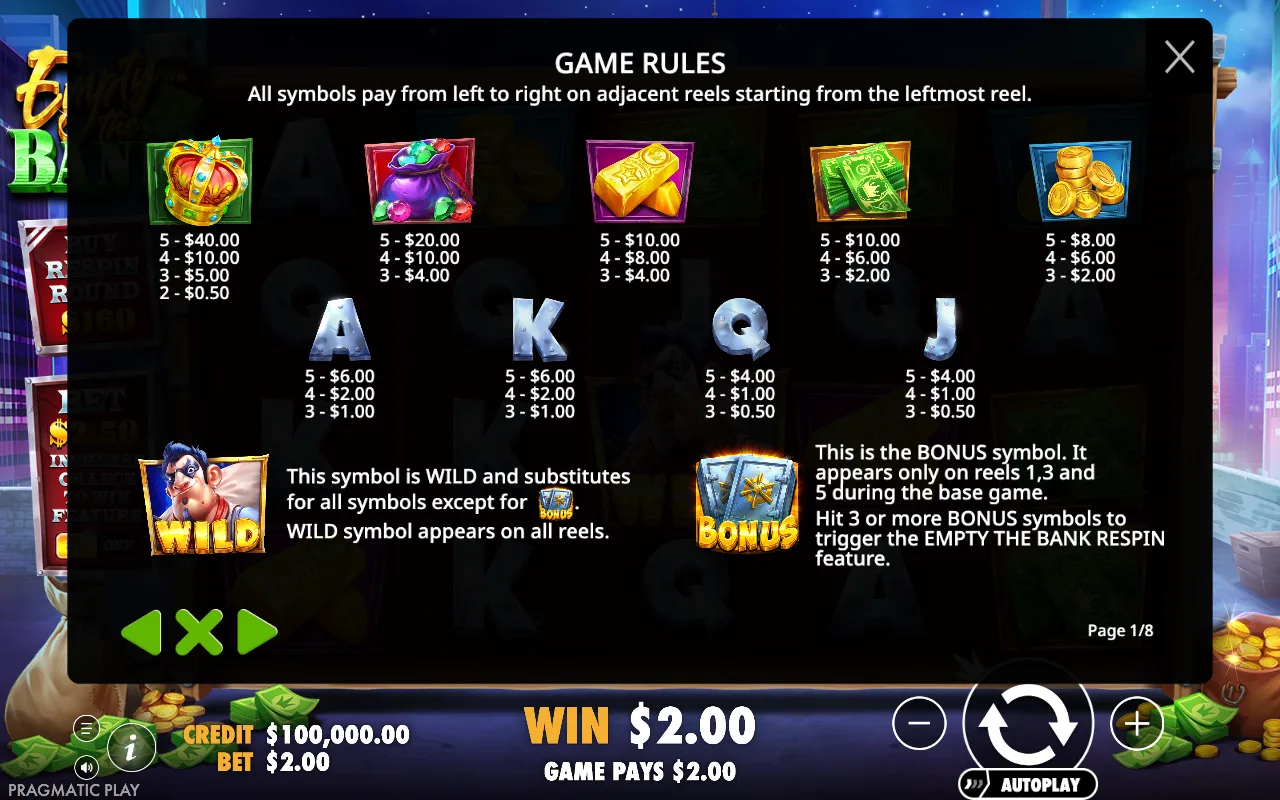 Game rules, page 1 — Empty the Bank
