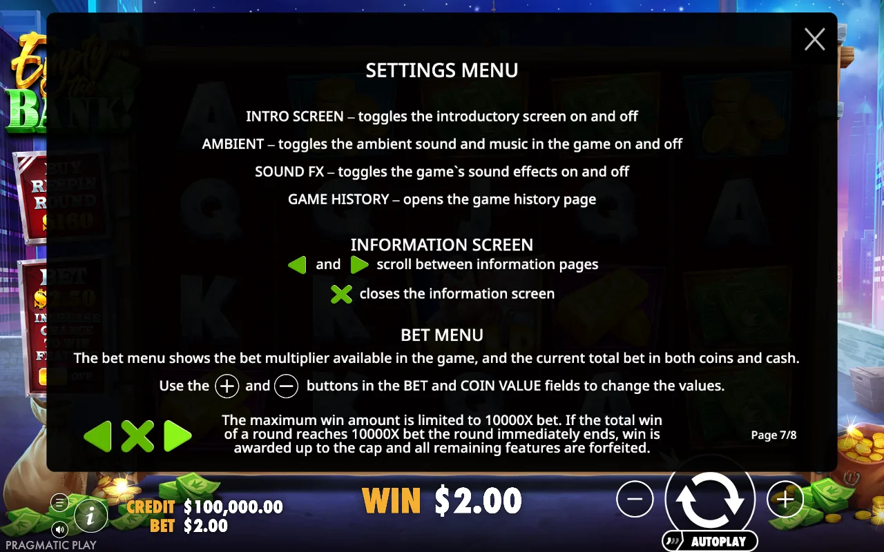 Settings menu — Empty the Bank