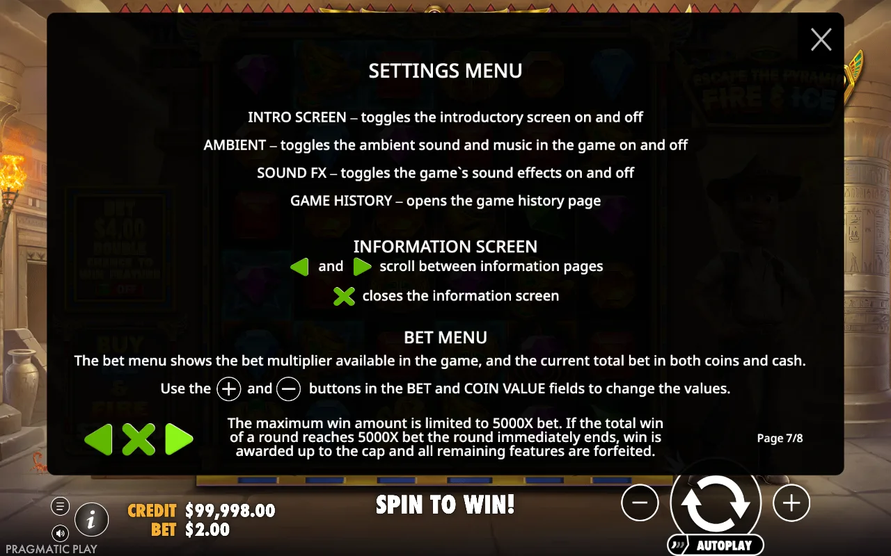 Settings menu — Escape the Pyramid — Fire & Ice