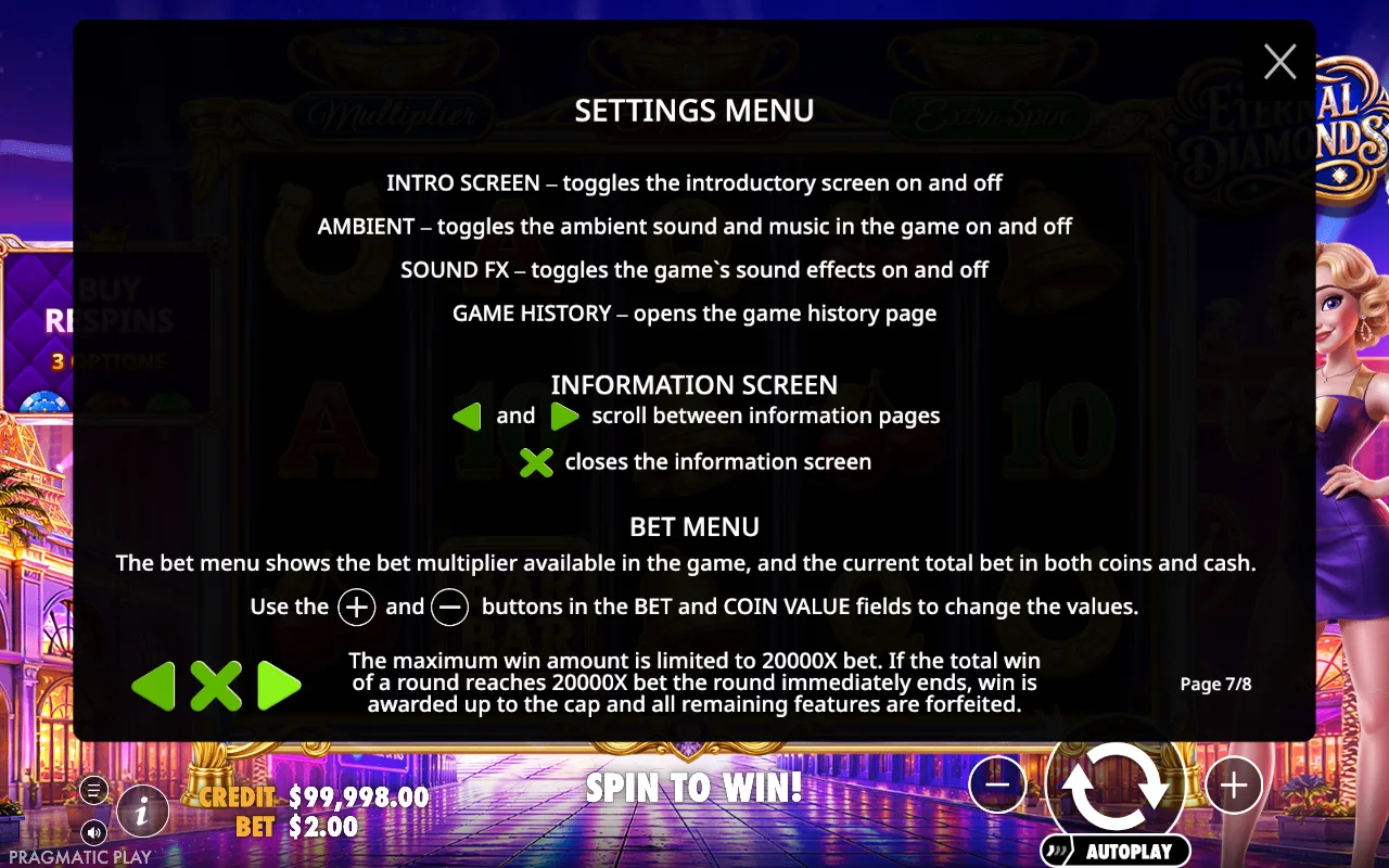 Settings menu — Eternal Diamonds