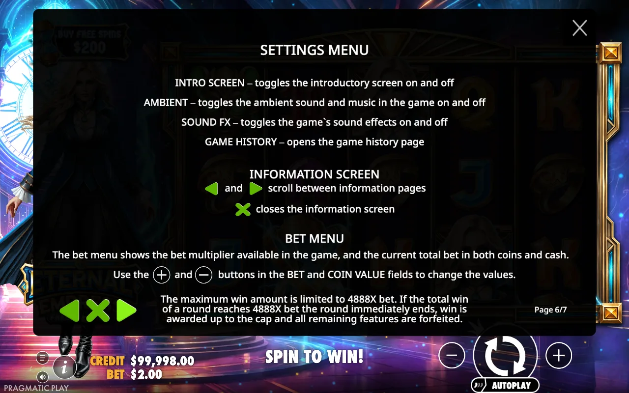 Settings menu — Eternal Empress Freeze Time