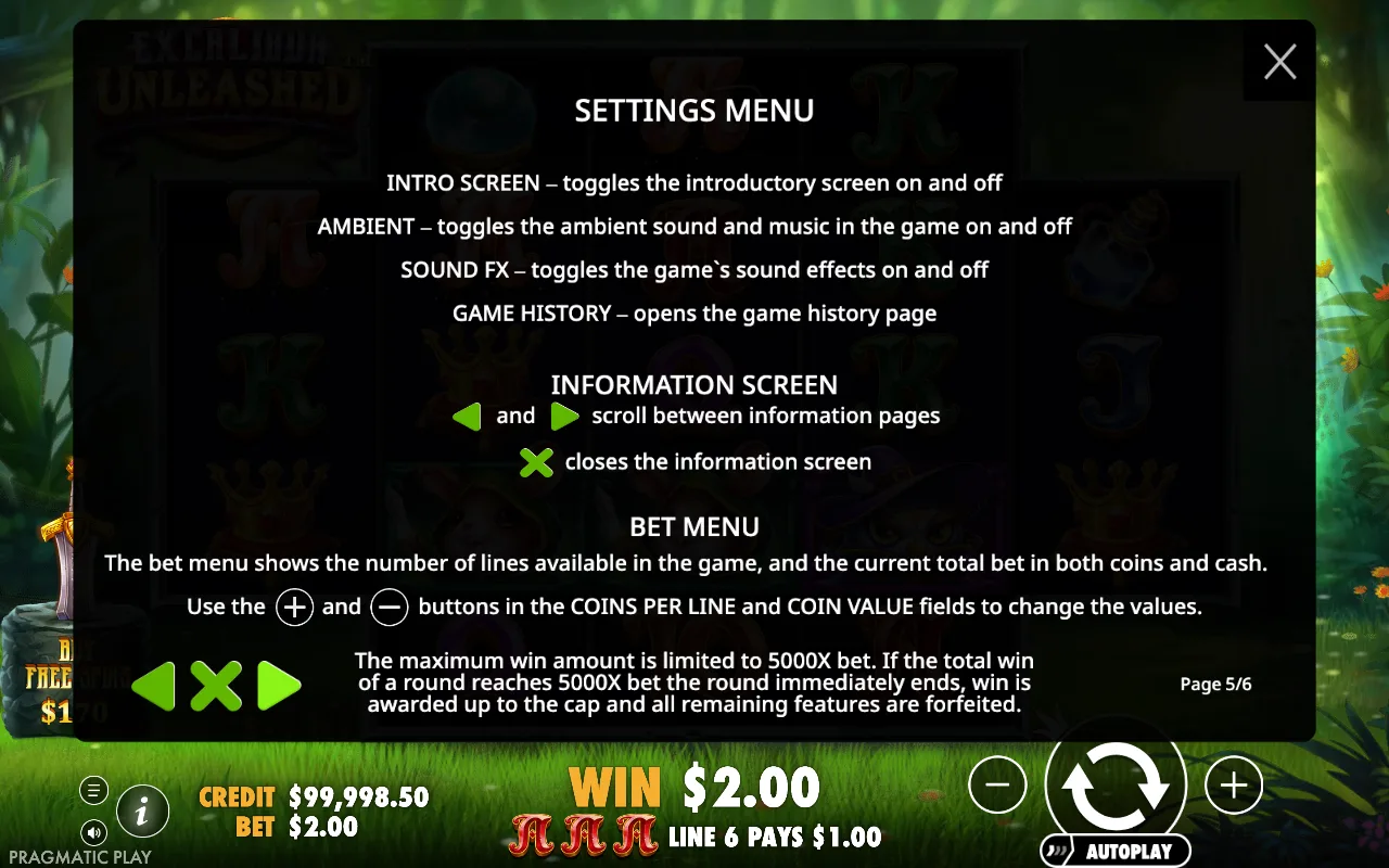 Settings menu — Excalibur Unleashed