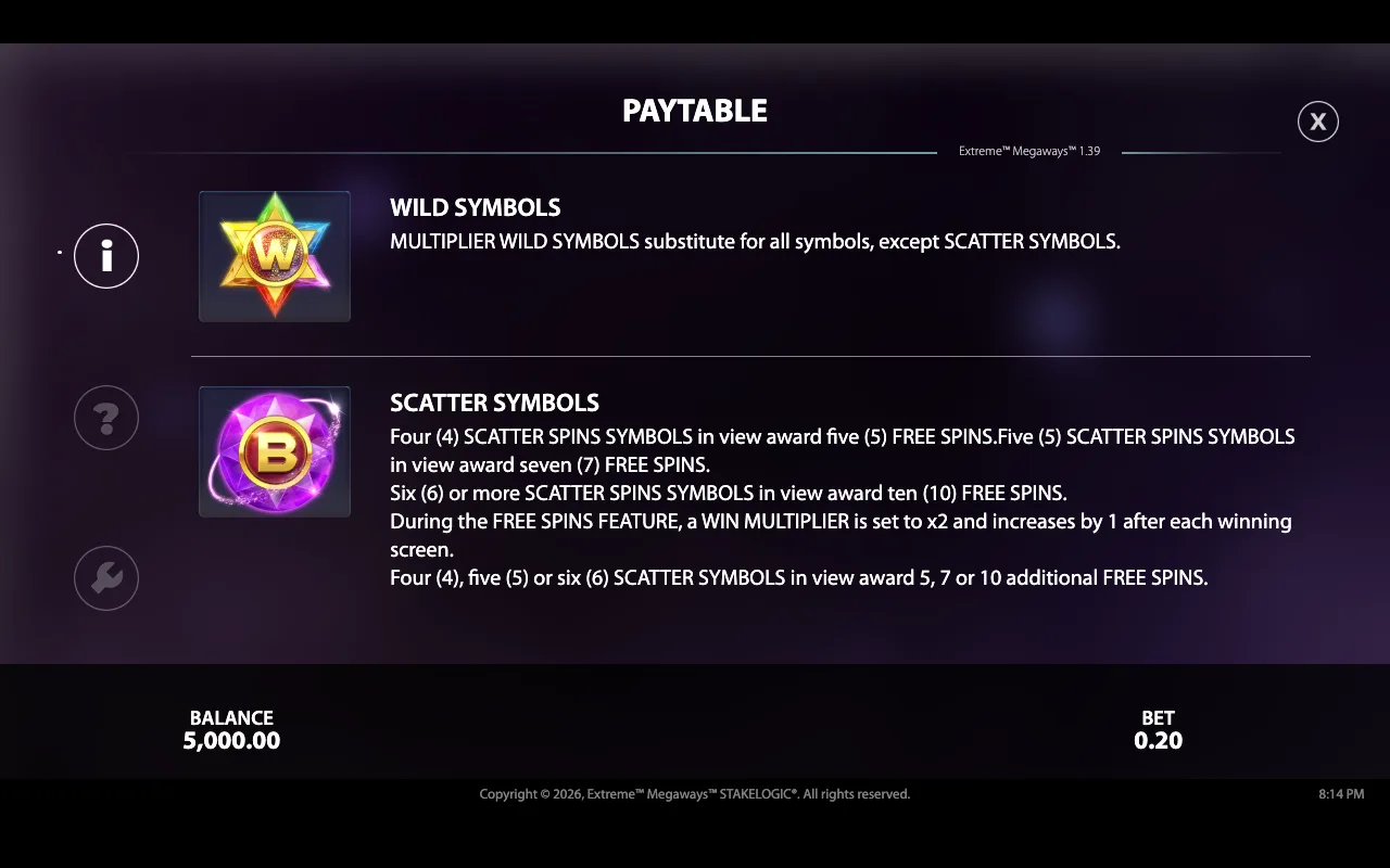 Paytable — Extreme Megaways