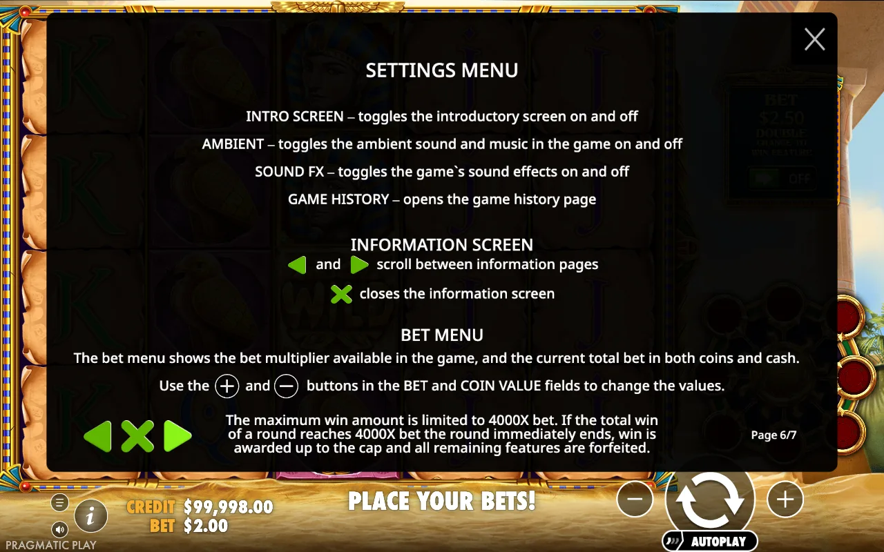 Settings menu — Eye of Cleopatra