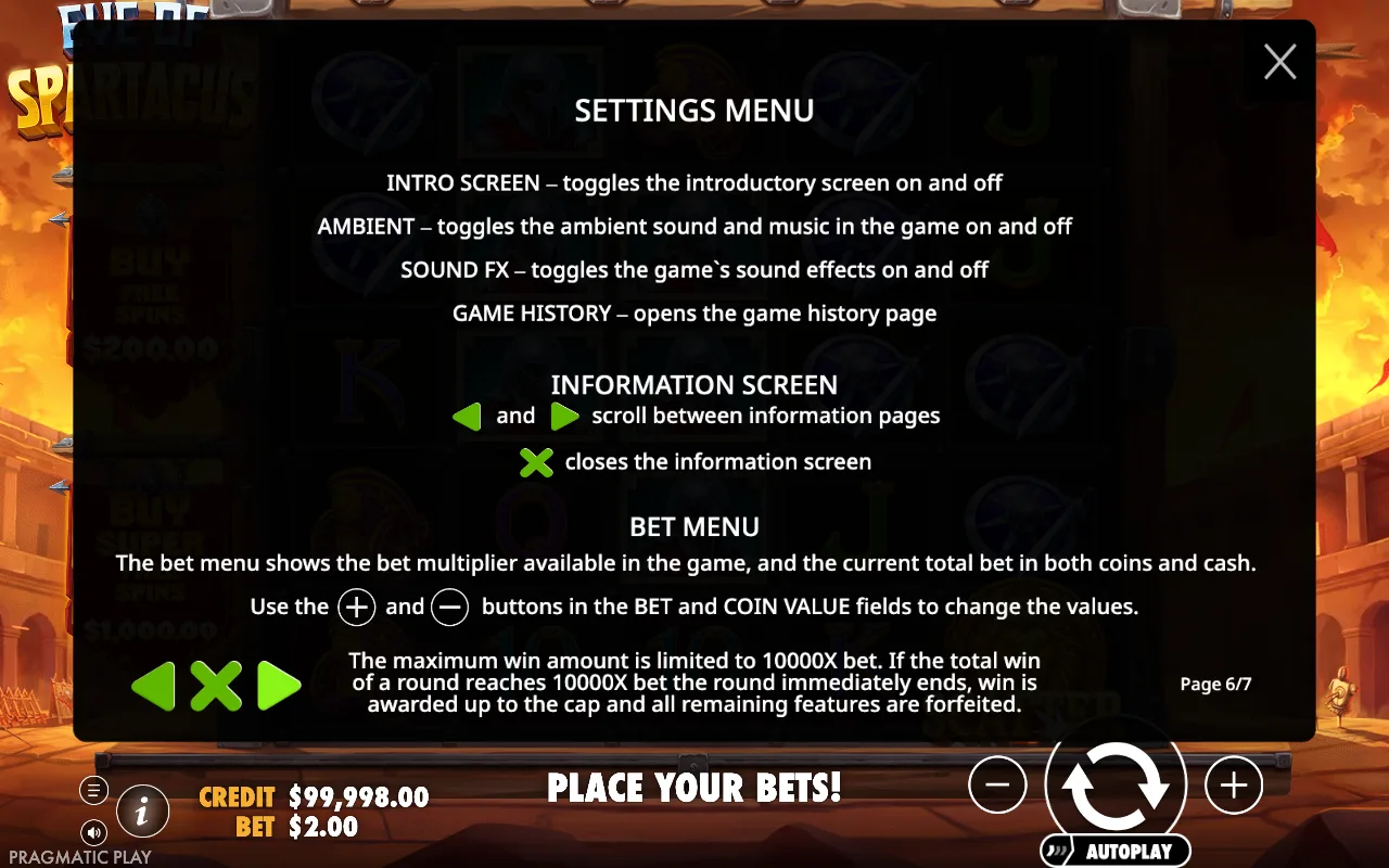 Settings menu — Eye of Spartacus