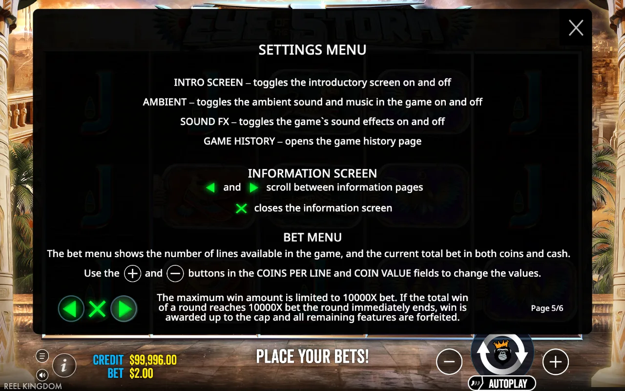 Settings menu — Eye of the Storm