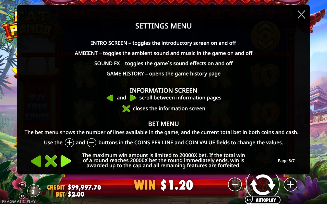 Settings menu — Fat Panda