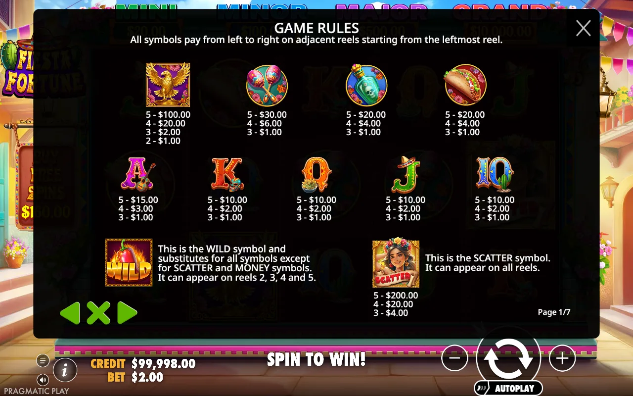 Game rules, page 1 — Fiesta Fortune