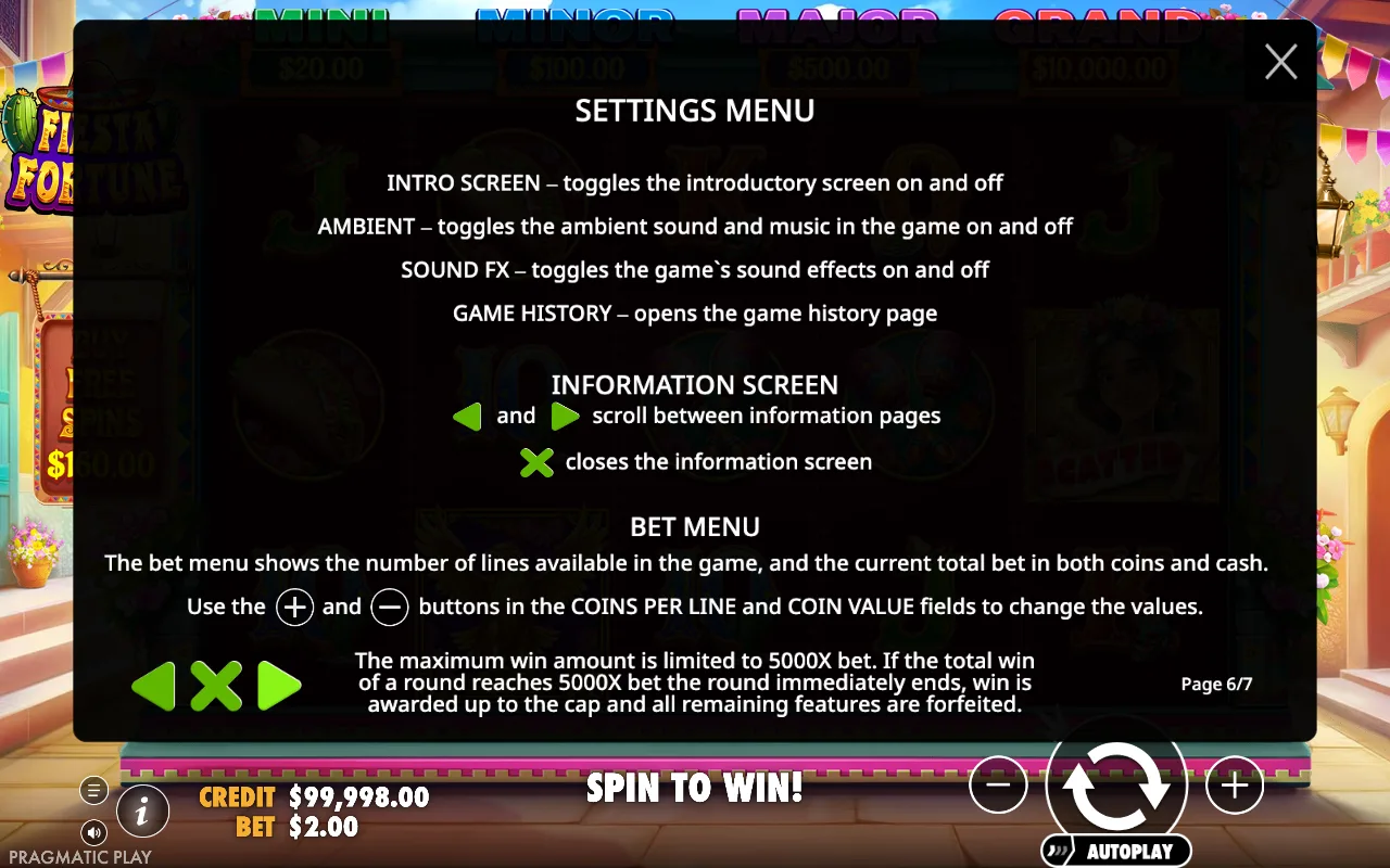 Settings menu — Fiesta Fortune