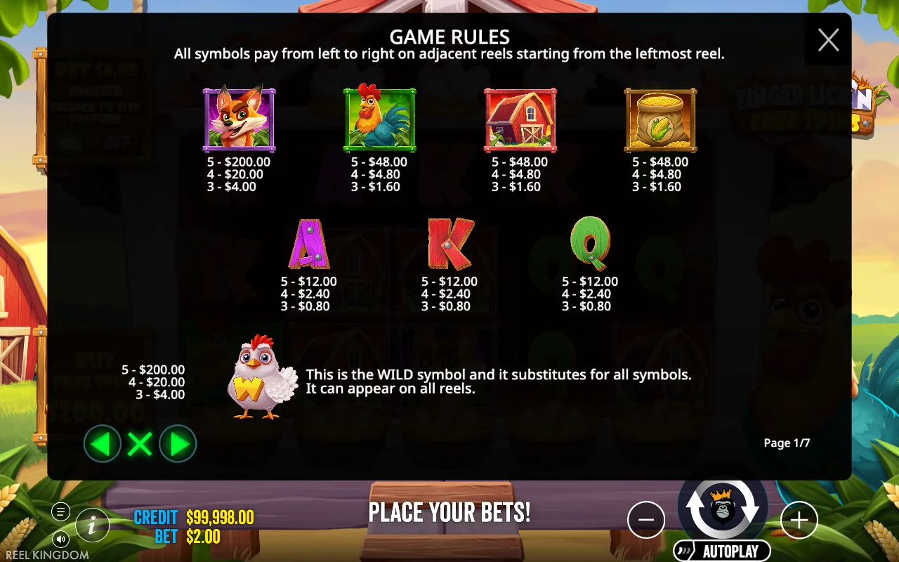 Game rules, page 1 — Finger Lickin' Free Spins