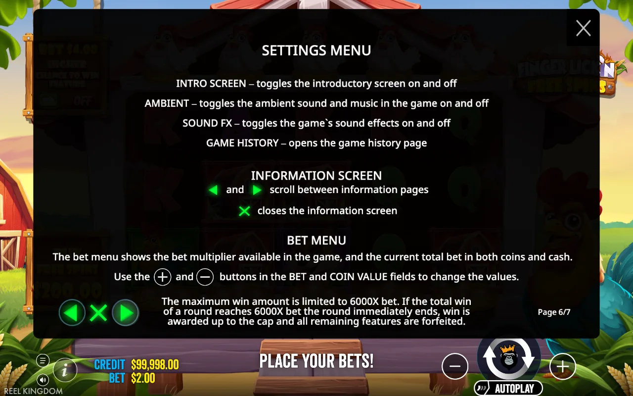 Settings menu — Finger Lickin' Free Spins