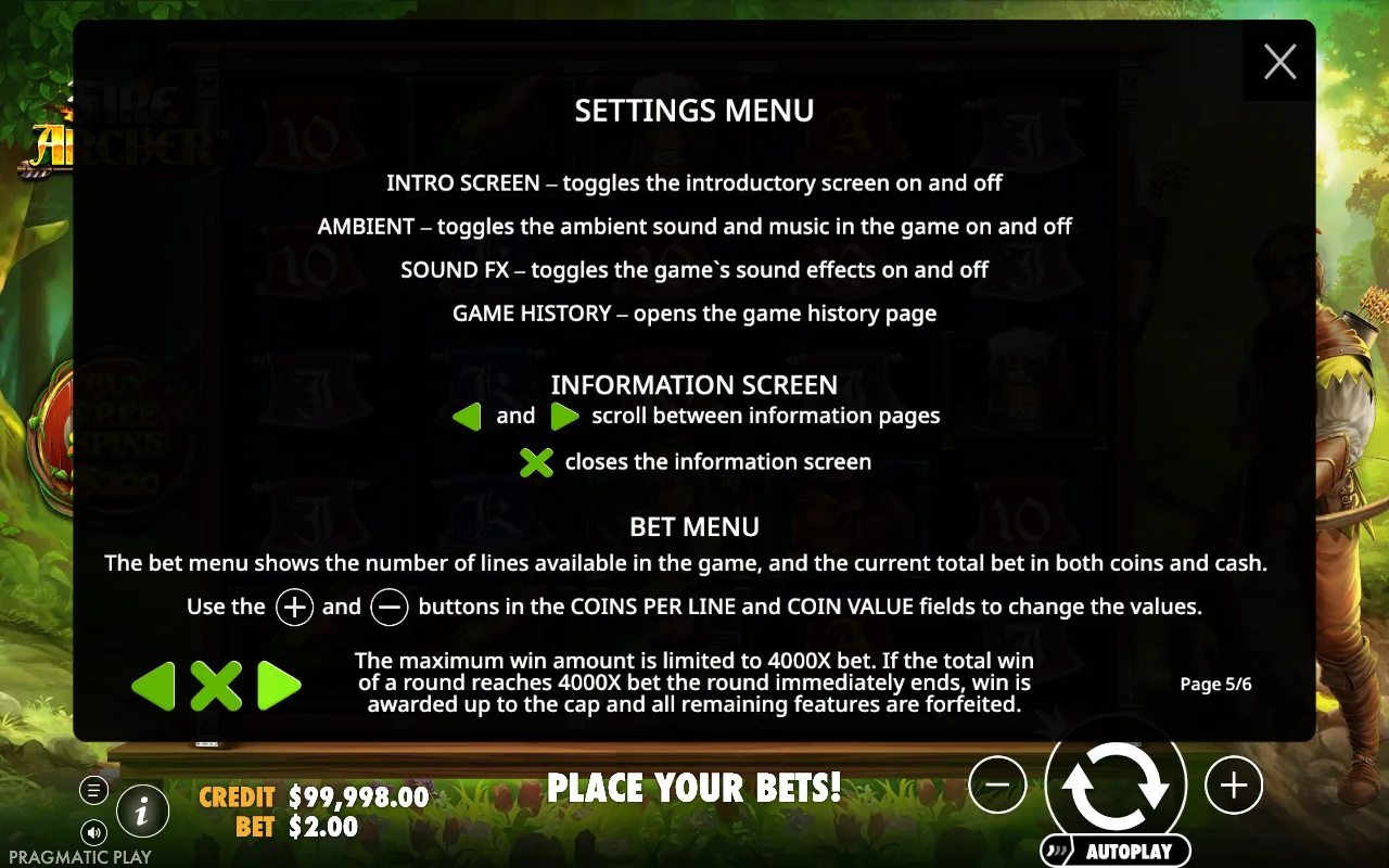 Settings menu — Fire Archer