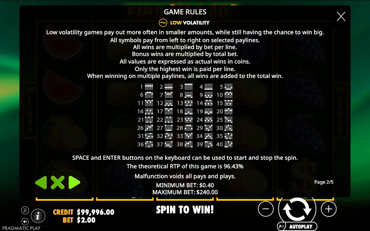 Game rules, page 2 — Fire Hot 40