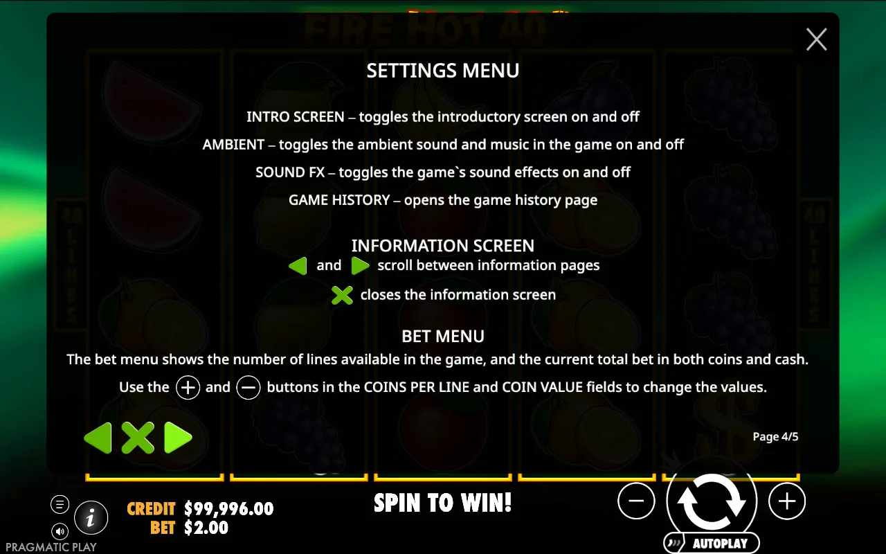 Settings menu — Fire Hot 40