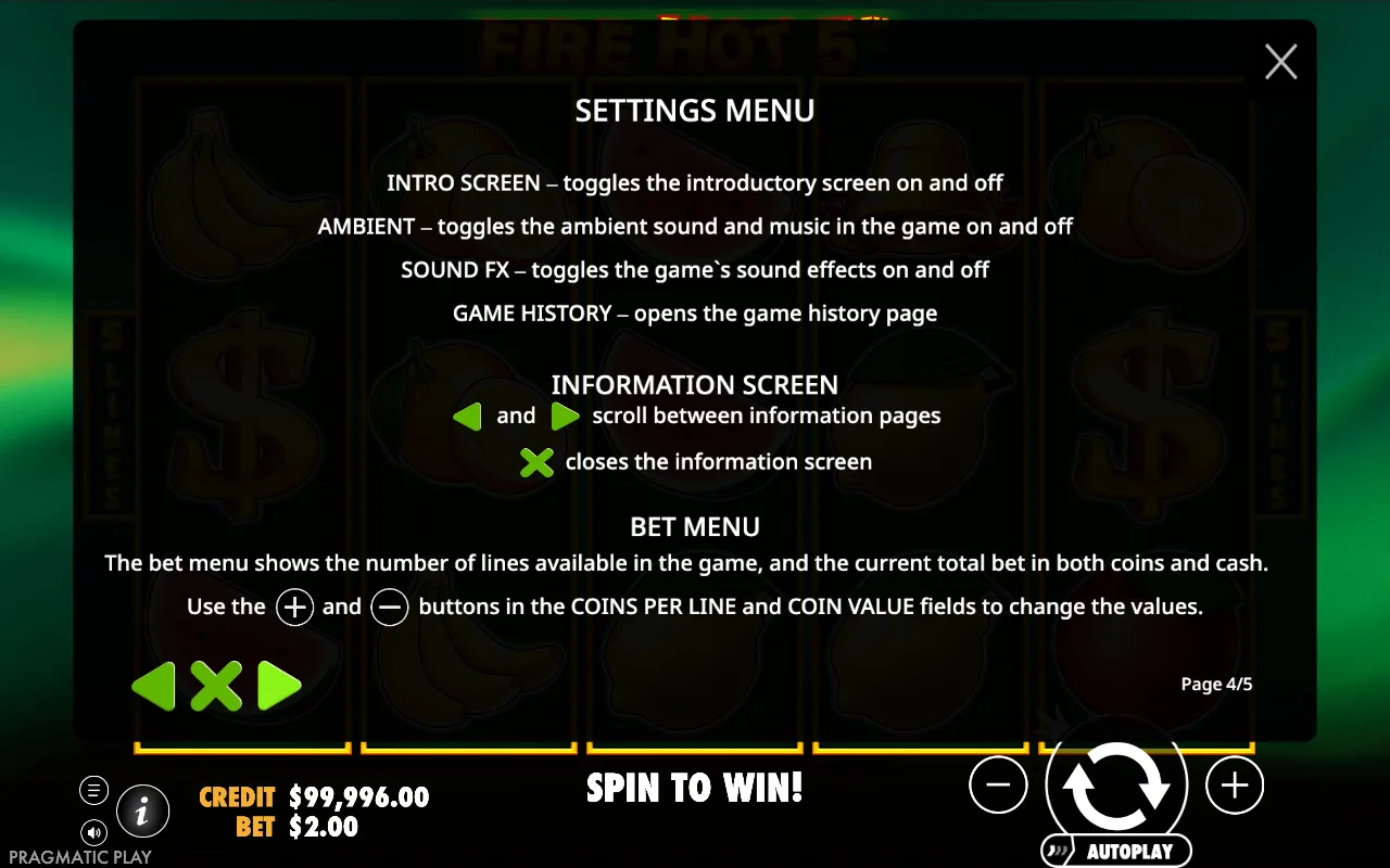 Settings menu — Fire Hot 5