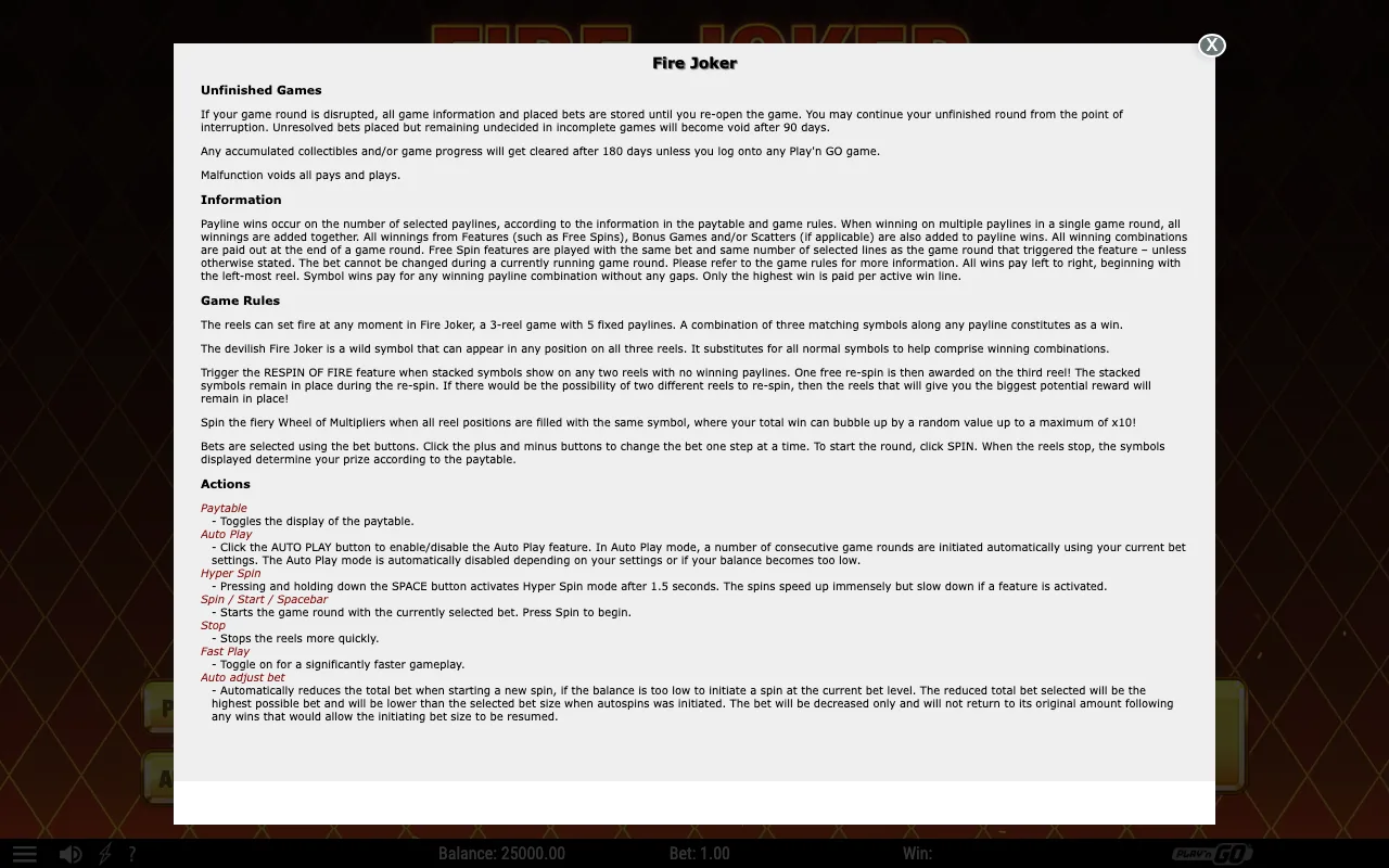 Game rules, page 1 — Fire Joker