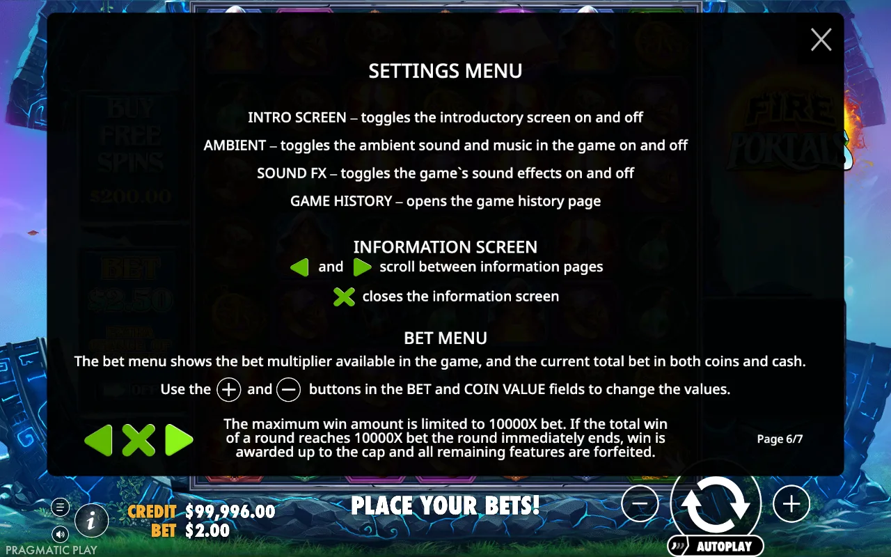 Settings menu — Fire Portals