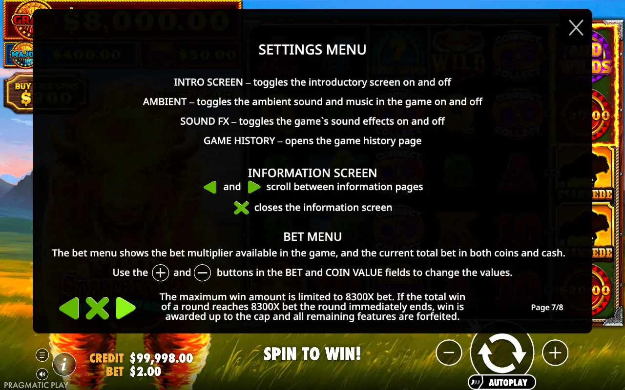 Settings menu — Fire Stampede 2