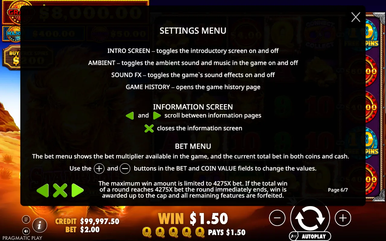 Settings menu — Fire Stampede