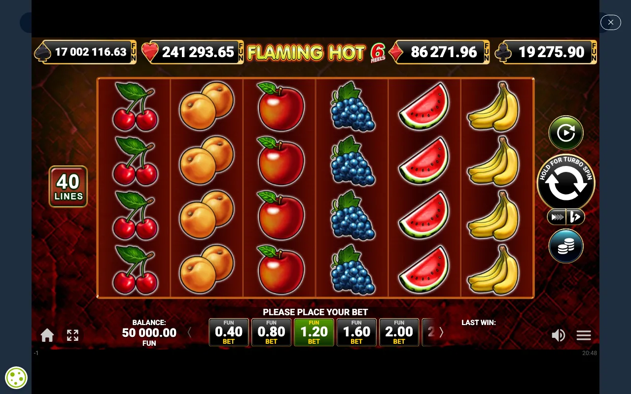 The base game — Flaming Hot 6 Reels