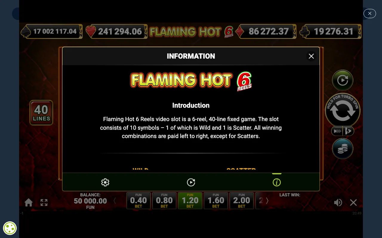 Game rules, page 1 — Flaming Hot 6 Reels