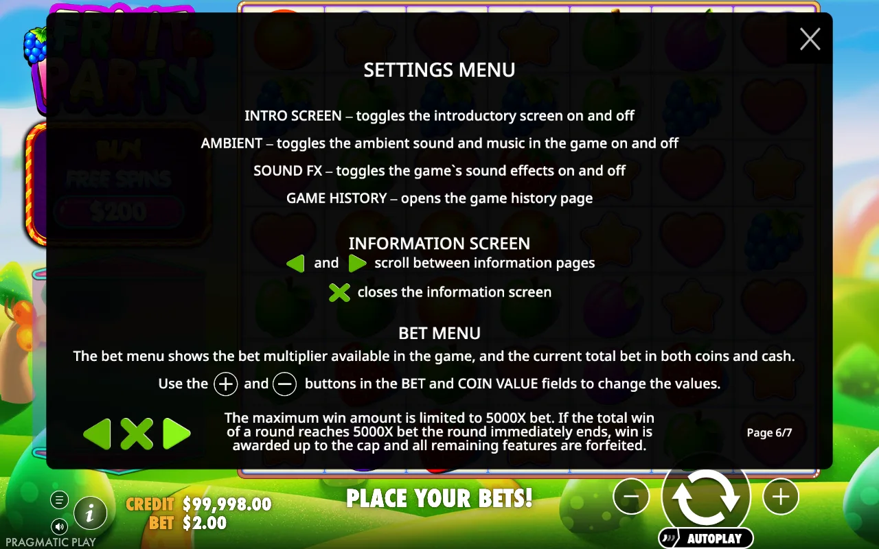 Settings menu — Fruit Party