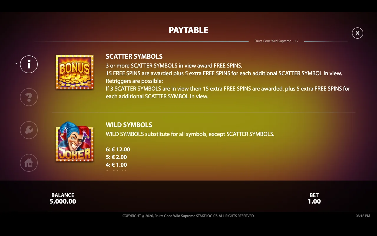 Paytable — Fruits Gone Wild Supreme