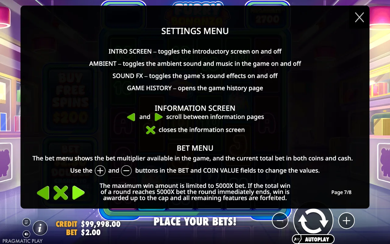 Settings menu — Furry Bonanza Megaways