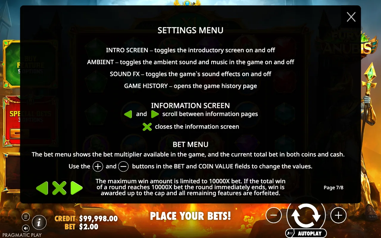 Settings menu — Fury of Anubis