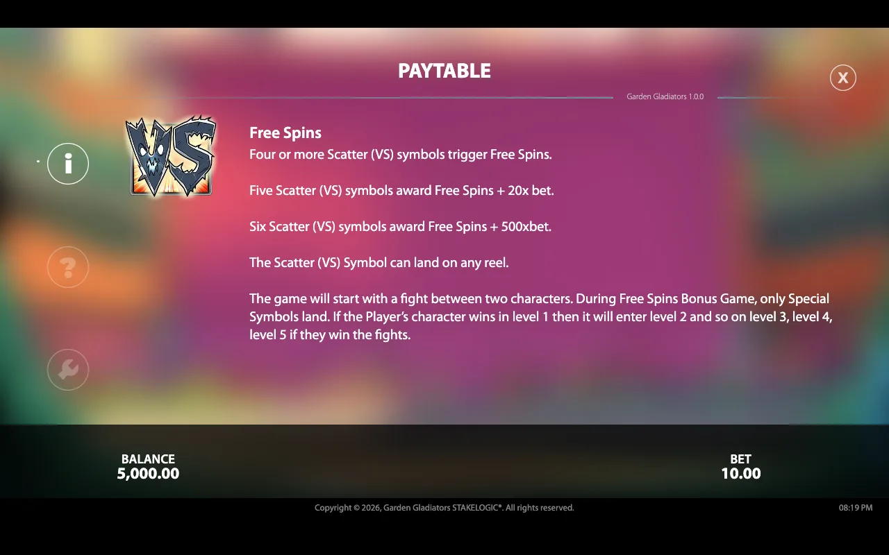 Paytable — Garden Gladiators