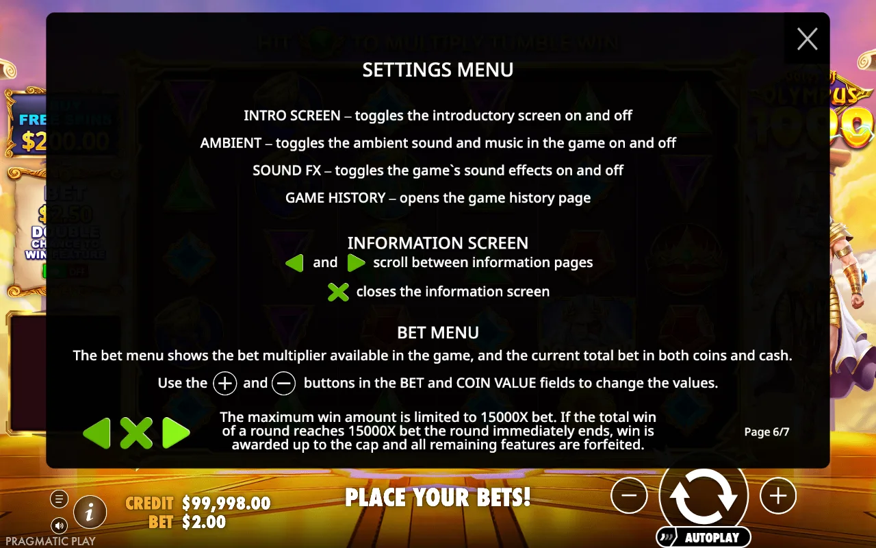 Settings menu — Gates of Olympus 1000