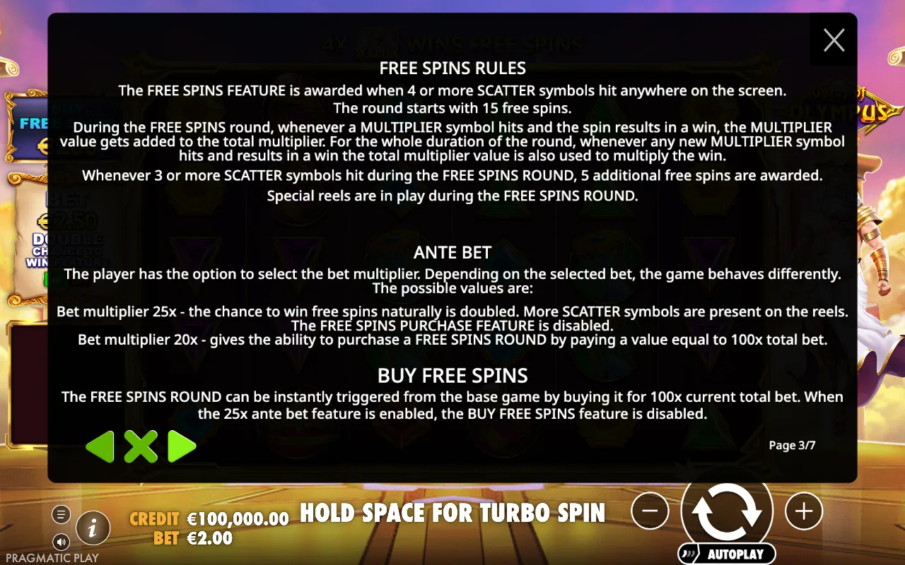 Free spins and ante bet — Gates of Olympus