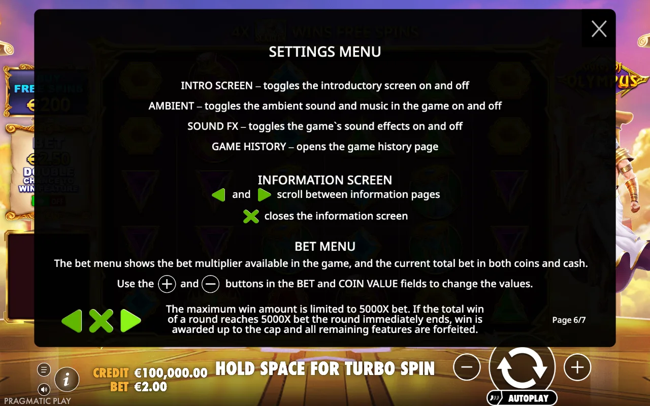 Settings menu — Gates of Olympus