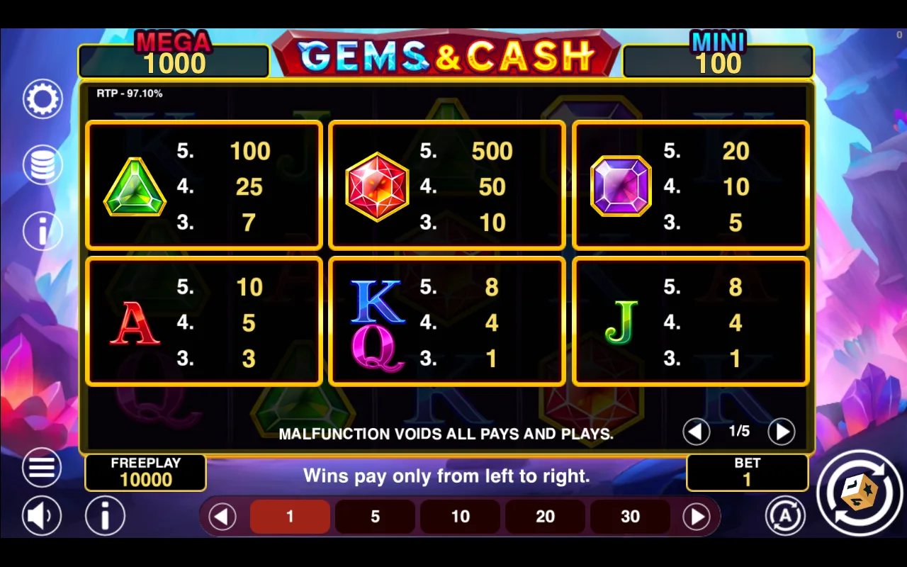 Game rules, page 1 — Gems And Cash Hold And Win