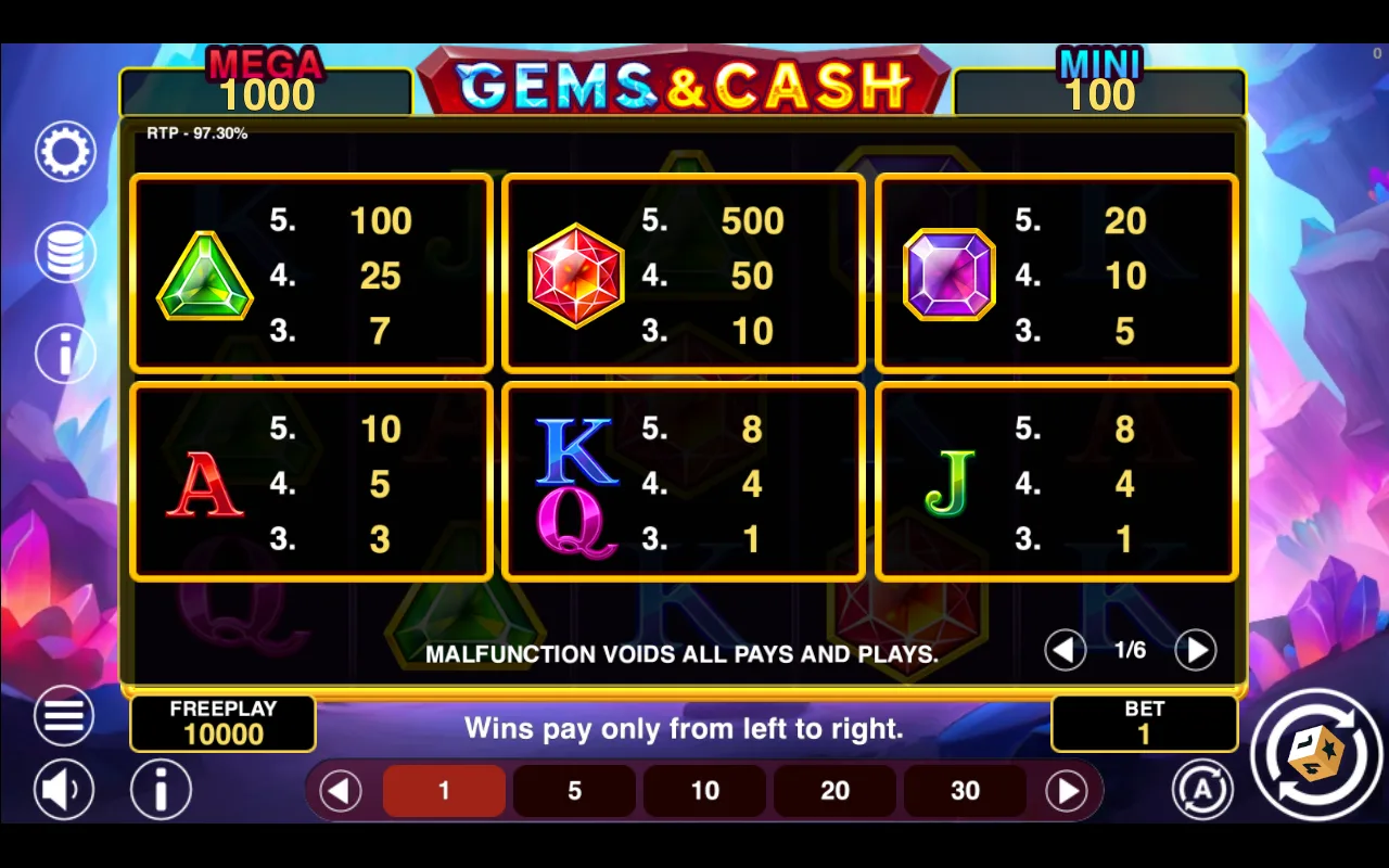 Game rules, page 1 — Gems And Cash Win Spins