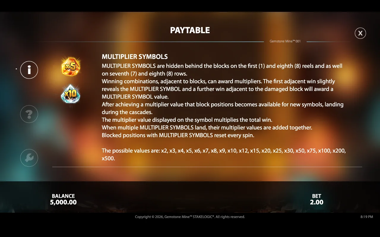 Paytable — Gemstone Mine