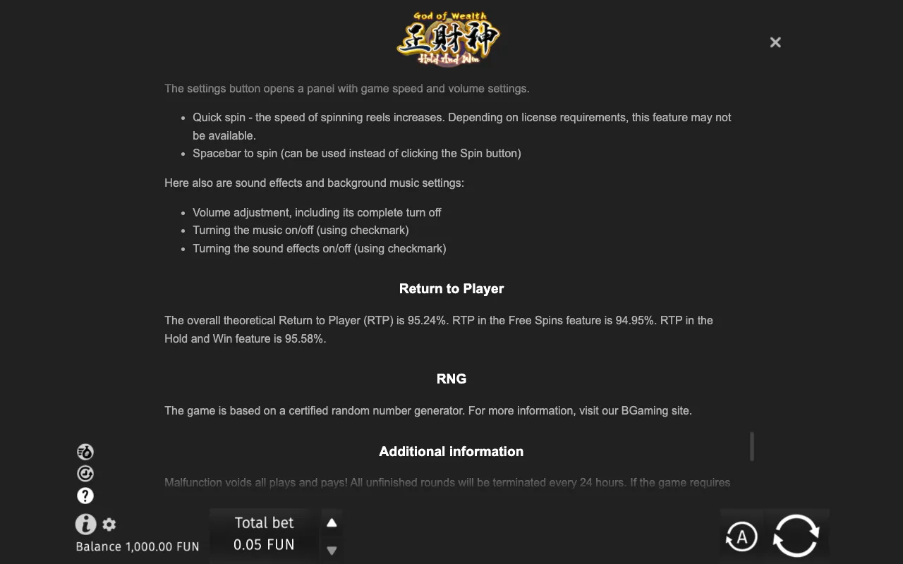 Game rules, page 10 — God of Wealth Hold and Win