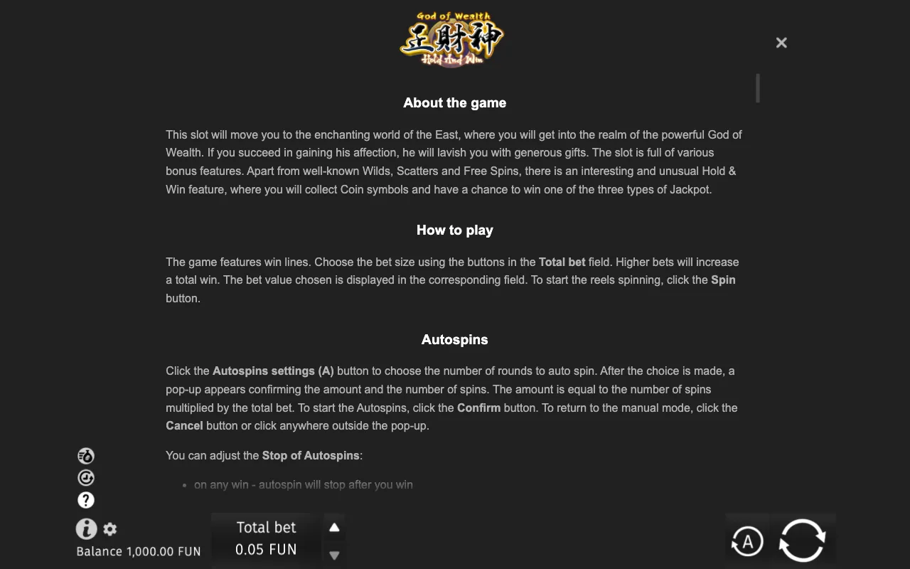Game rules, page 6 — God of Wealth Hold and Win