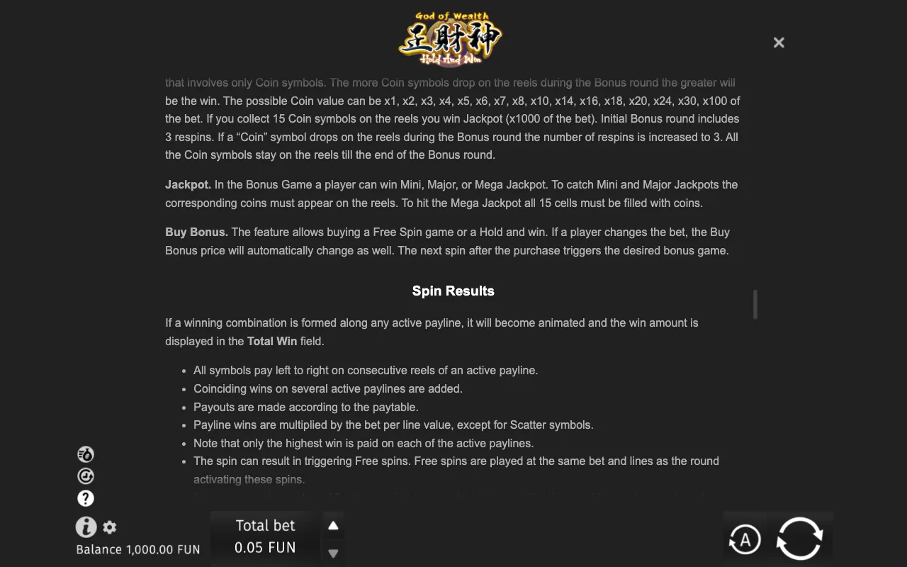 Game rules, page 8 — God of Wealth Hold and Win