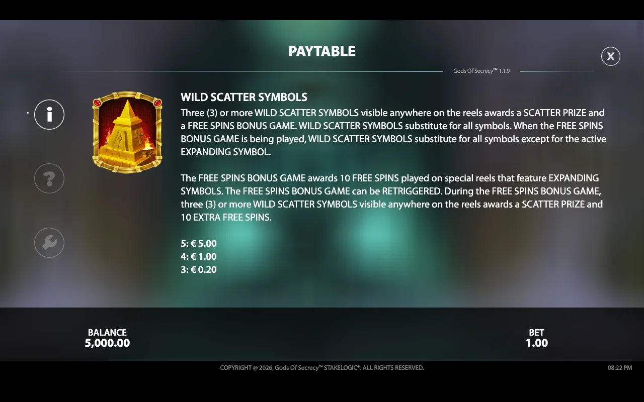 Paytable — Gods of Secrecy