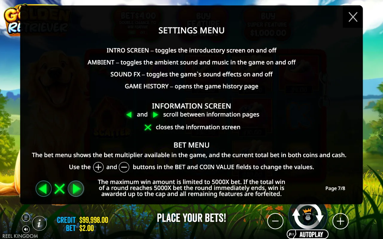 Settings menu — Golden Retriever