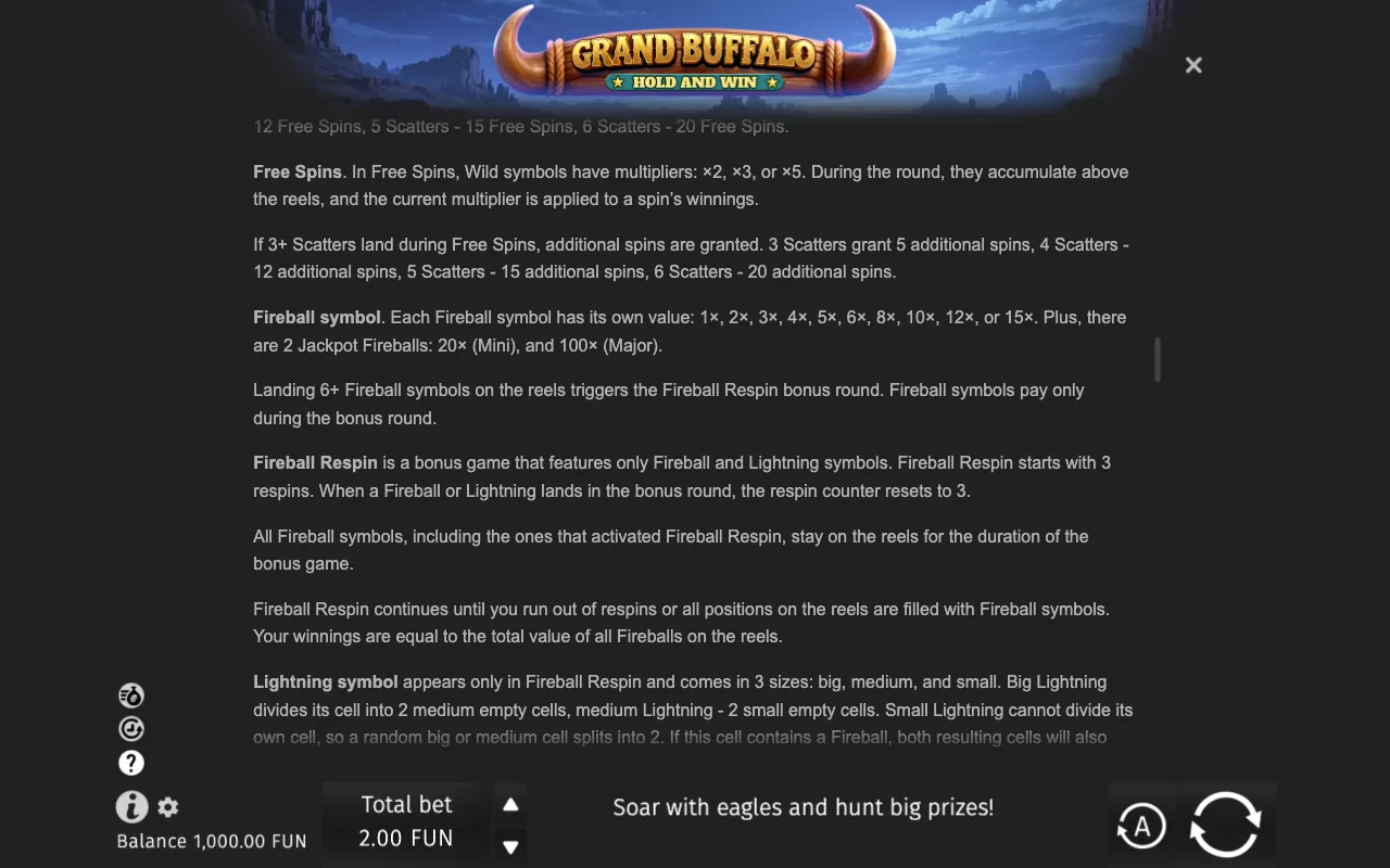 Game rules, page 8 — Grand Buffalo Hold & Win